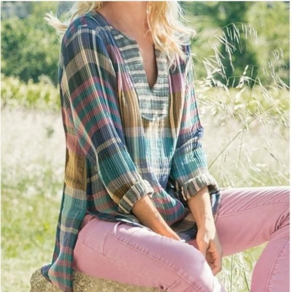 Soft Surroundings Shirt Women S Plaid Rustic Crinkle Gauze Boho Earthy Casual